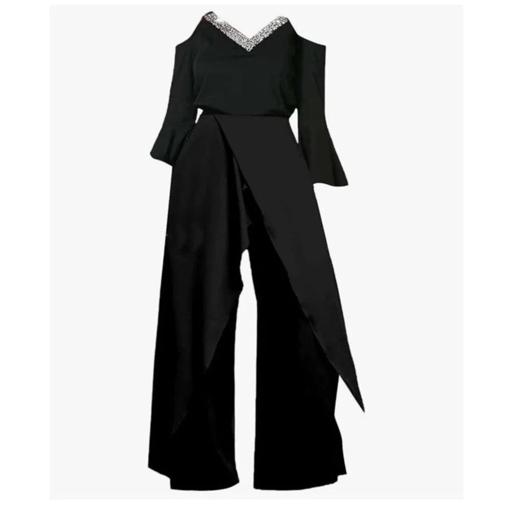 Black Cold Shoulder Bell Sleeve Wide Leg Jumpsuit with Sequin Neckline NEW
